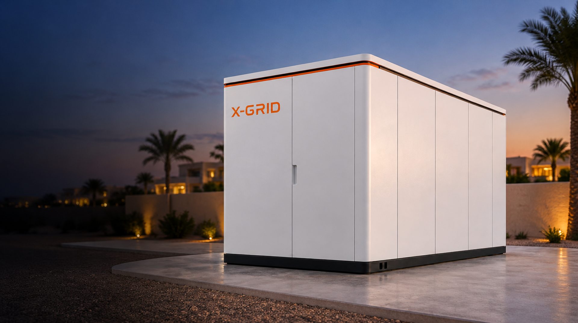 X-GRID Pod on a concrete pad at dusk