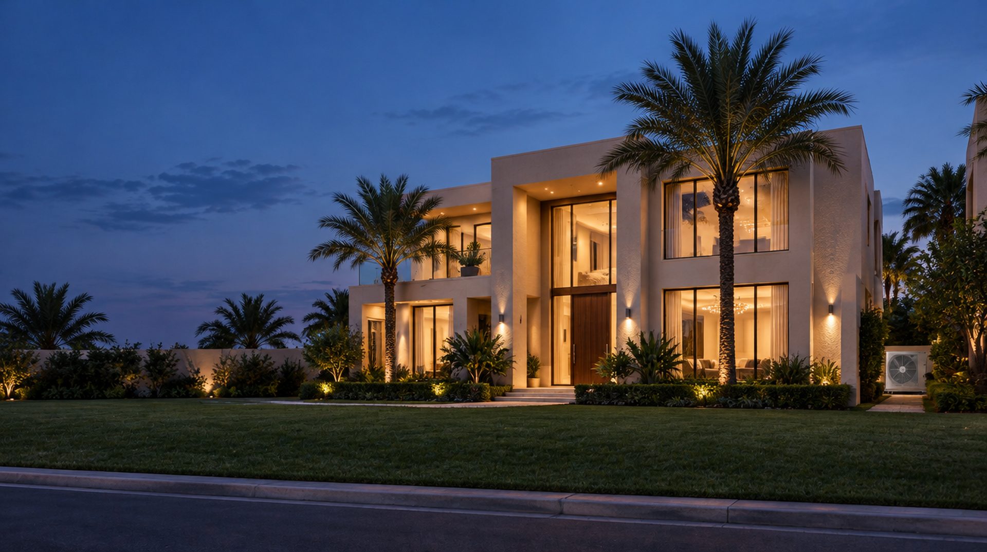 A modern villa at dusk with a small X-GRID node in the side yard